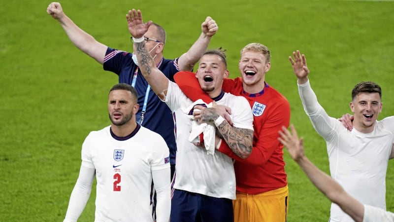 England players celebrate Wednesday night&#39;s Euro 2020 semi-final victory over Denmark. Hopefully they are not celebrating again on Sunday night. Picture by PA 