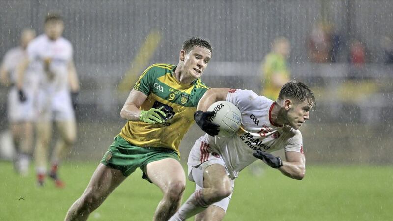18/03/2017: Donegal&#39;s Ciaran Thompson with Darren McCurry of Tyrone during their NFL match at Ballybofey on Saturday night. Picture Margaret McLaughlin 