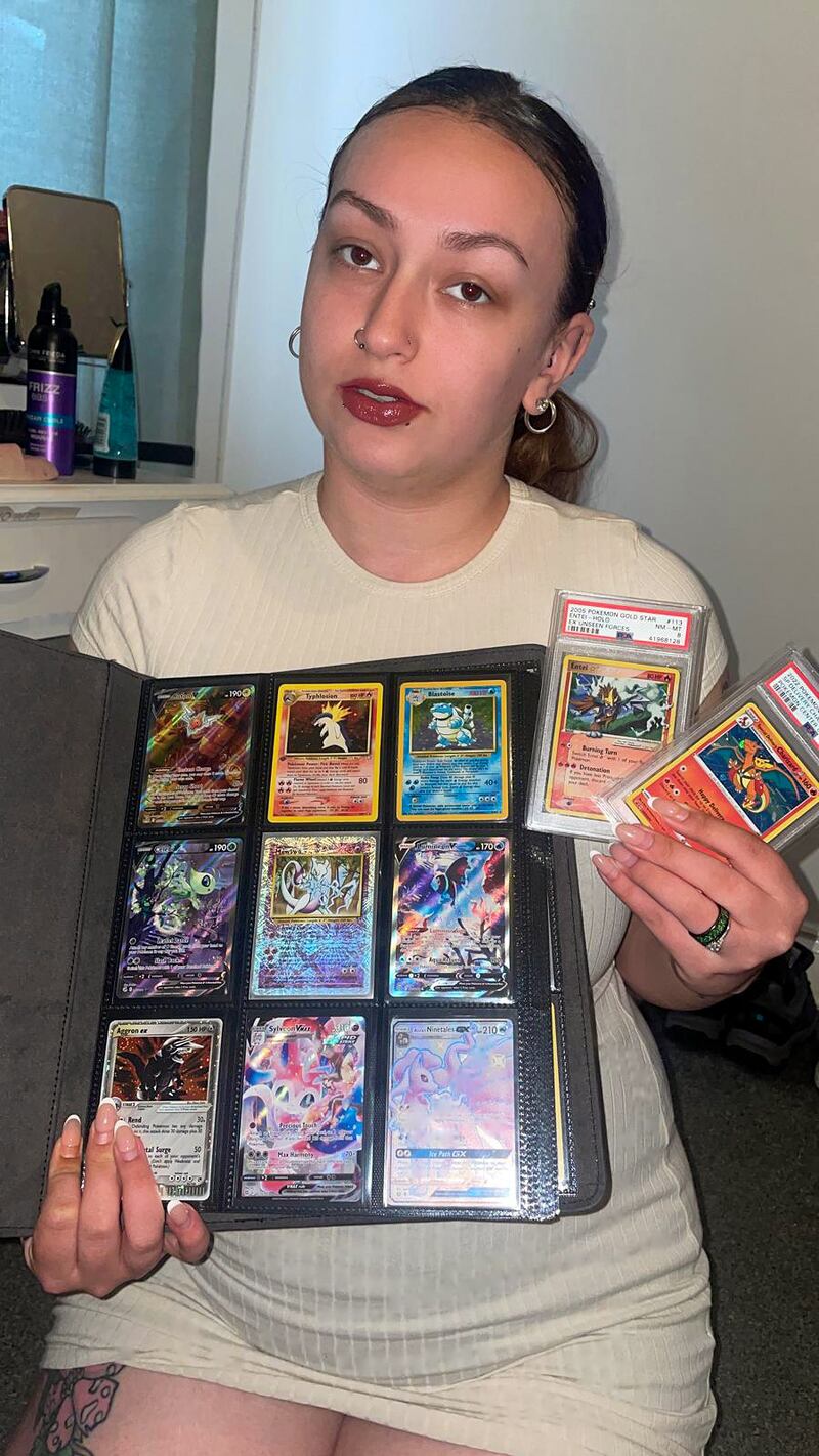 Mother using Pokemon cards to save money.