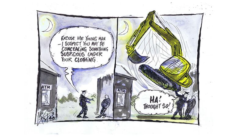 Ian Knox cartoon 9/4/19: On mainland Britain there is much talk of reintroducing aggressive stop and search methods to deal with an upsurge in knife crime. Here in the north people feel something needs to be done to curb nocturnal digger driving&nbsp;