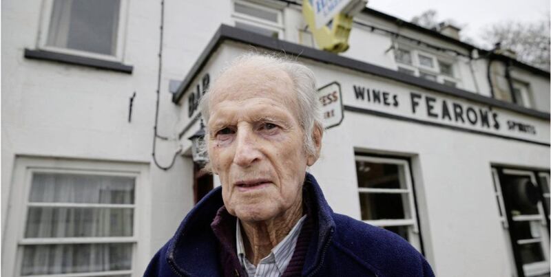 Henry Kavanagh (93) outside his Rostrevor bar. Picture by Hugh Russell 