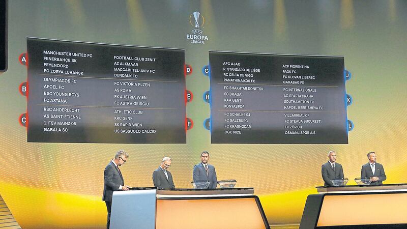 The final draw for the Europa League groups are displayed on an electronic board after the Europa League draw ceremony at the Grimaldi Forum, Monaco, yesterday<br />Picture by AP