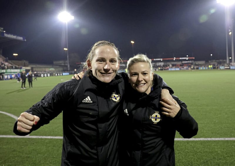 Sarah McFadden and Nadene Caldwell after defeating Italy 1-0 in the international friendly at Seaview late last year.  