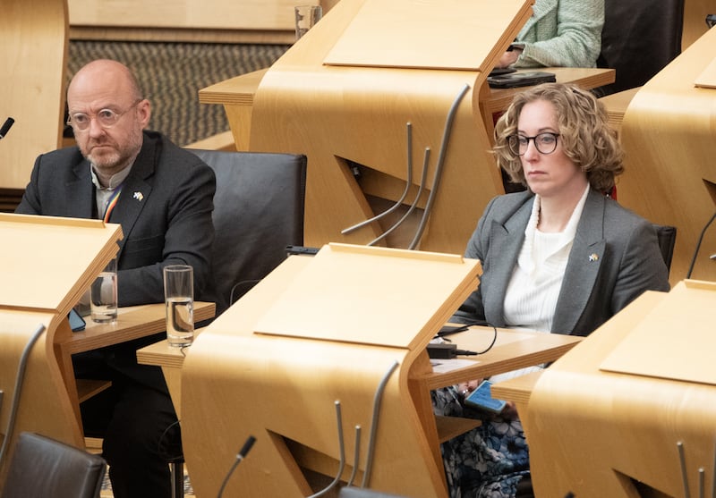 Scottish Green co-leaders Lorna Slater and Patrick Harvie at the Scottish Parliament shortly after First Minister Humza Yousaf terminated the Bute House Agreement