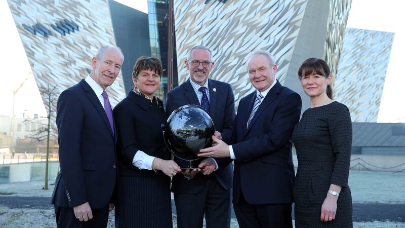 First Minister Arlene Foster and Deputy First Minister Martin McGuinness pictured alongside Titanic Belfast CEO Tim Husbands MBE, Vice Chairman Conal Harvey and Titanic Foundation CEO Kerrie Sweeney to celebrate Titanic Belfast being named the World&rsquo;s Leading Tourist Attraction.<br />&nbsp;