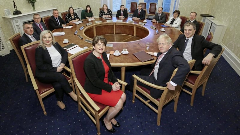 The newly-restored Stormont Executive led by former First Minister Arlene Foster and Deputy First Minister Michelle O&#39;&#39;Neill meet with Prime Minister Boris Johnson and Secretary of State Julian Smith in January 2020. Picture by William Cherry/Presseye 