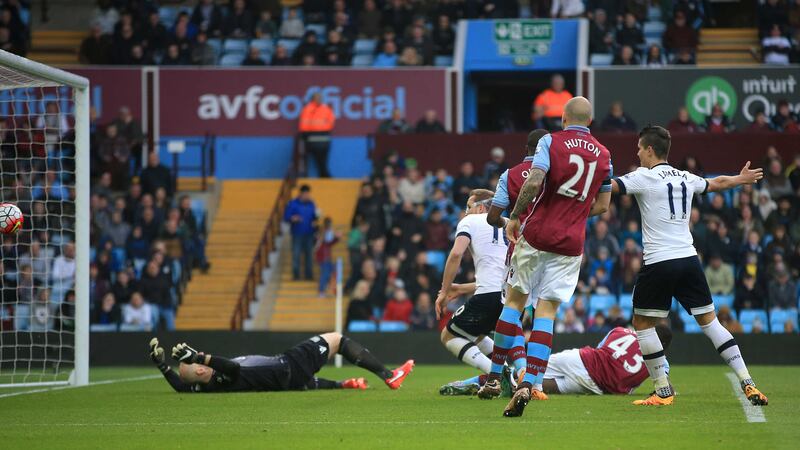Tottenham Hotspur's Harry Kane scores his second goal during Sunday's Barclays Premier League match at Villa Park<br />Picture by PA&nbsp;
