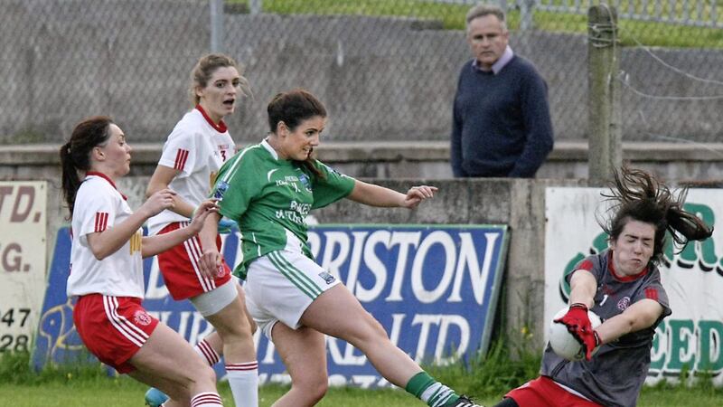 Tyrone&#39;s goalkeeper, Shannon Lynch brilliantly saves this shot from Fermanagh&#39;s Joanne Doonan but unfortunately her actions were deemed to be a foot block and a penalty was awarded, in the Ulster Intermediate Championship semi-final at Emyvale  