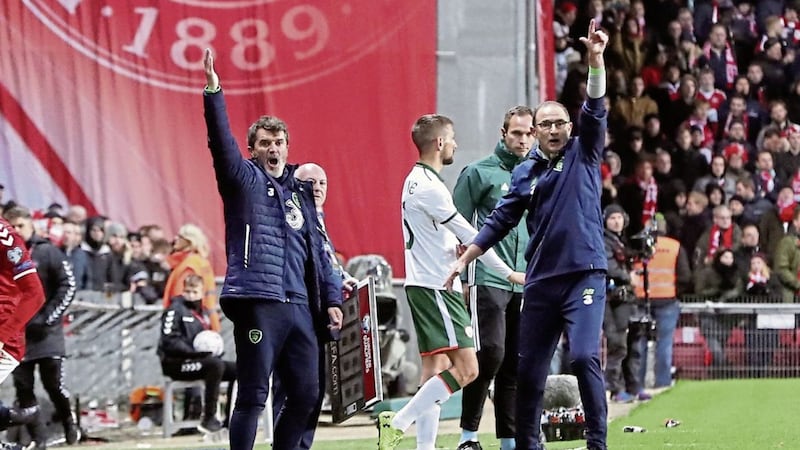 Republic of Ireland manager Martin O&#39;Neill (right) with assistant Roy Keane during the FIFA World Cup qualifying play-off first leg match at the Parken Stadium, Copenhagen on Saturday November 11, 2017 