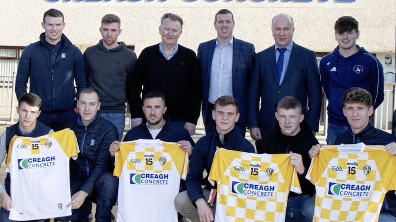 Creagh Concrete will diversify its sponsorship of Antrim GAA with a new deal which will see it sponsoring the county&rsquo;s football and hurling academies. The company has been involved in the sponsorship of Antrim at minor, U21 and senior level since 2006. Pictured are Creagh Concrete co-founder Gerard McKeague, Antrim chairperson Ciaran McCavana and Creagh Concrete chief executive Seamus McKeague with Creagh Academy participants and Antrim Academy squad members. Picture by Curly McIlwaine 