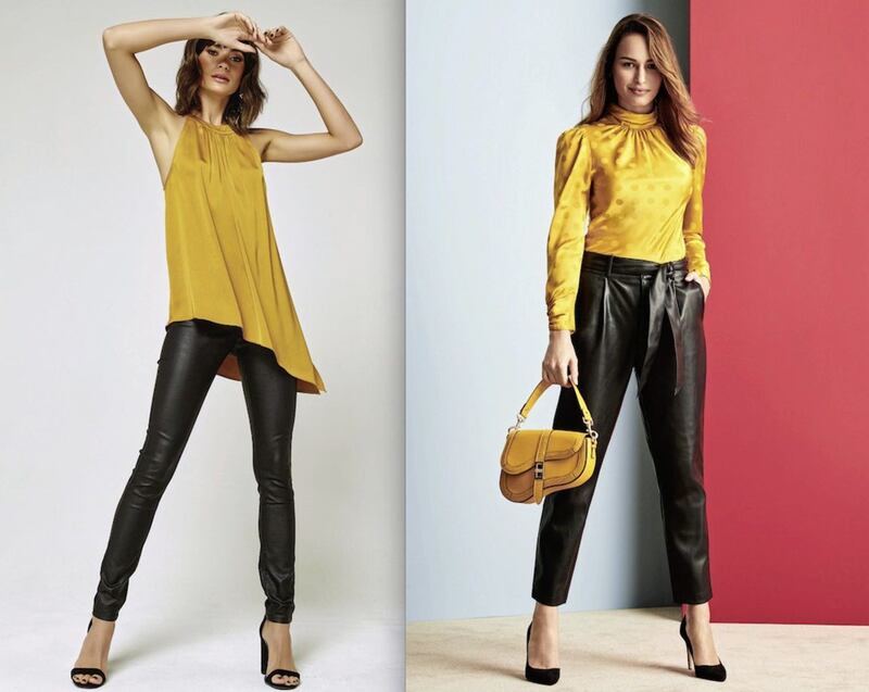 Left, M&amp;Co&nbsp;Coated Jeans &pound;26; Yellow Top &pound;26; right, Dorothy Perkins Yellow Spot Design Jacquard Top, currently reduced to &pound;21 from &pound;28; Yellow Multi-Way Shoulder Bag, reduced to &pound;18.75 from &pound;25; Black &#39;Excite&#39; Pointed Toe Court Shoes, reduced to &pound;18.75 from &pound;25; Paper Bag Trousers (available from late October), &pound;28 
