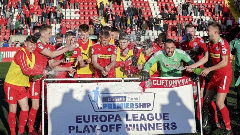 The Cliftonville players celebrate after Saturday&#39;s Europea League play-off final win over Glentoran at Solitude. Picture by Pacemaker 