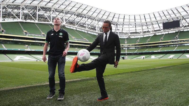 Celtic captain Scott Brown and Edgar Davids at the launch of the International Champions Cup match between Barcelona and Celtic in the Aviva Stadium on Monday<br />Picture by PA&nbsp;