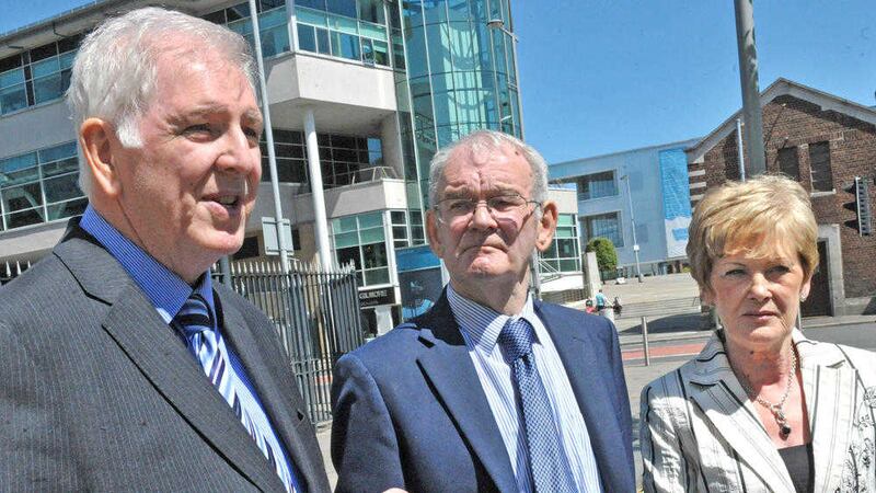 Retired teacher Gerry McKeown, (left) and his wife Anne with Kingsmill Massacre survivor Alan Black at Belfast Coroner&#39;s Court. Mr and Mrs McKeown were first on the scene after the Kingsmill attack. 
