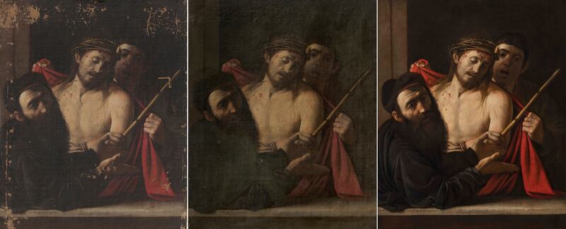 A combination of photos showing the restoration of Ecce Homo (Prado Museum/AP)