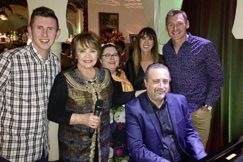 Dana pictured with fellow Celebrity Globetrotters travellers Mary Clarke, Derek Burke, Alison Spittle and David Gillick inside Rick&#39;s Cafe in Casablanca 