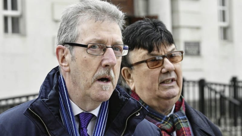 Miami Showband massacre survivors Stephen Travers, (left), and Des McAlea, outside Belfast High Court this week. Photo: Alan Lewis/Photopress 
