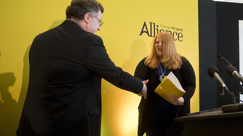 Alliance Party leader and deputy leader Naomi Long and Stephen Farry pictured at the conferece on Saturday &nbsp;