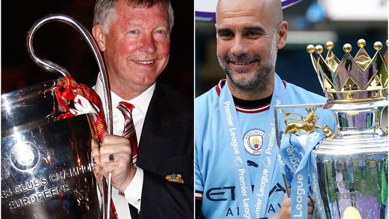 Can Pep Guardiola (right) and Manchester City emulate Sir Alex Ferguson’s Manchester United side? (Dave Thompson/Martin Rickett/PA)
