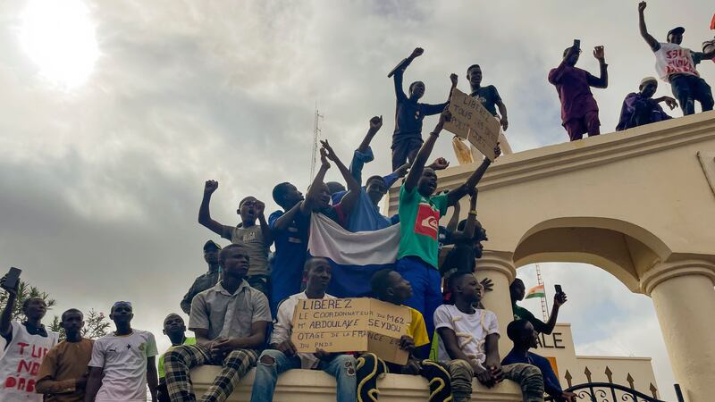 Supporters of Niger’s ruling junta gather at the start of a protest called to fight for the country’s freedom and push back against foreign interference in Niamey, Niger (Sam Mednick/AP)