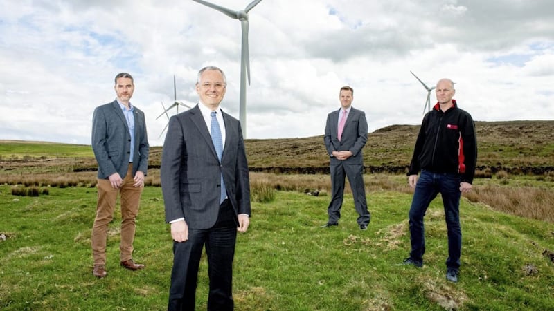 Paul Neary (left), director of Neo Environmental with (from left) Invest NI chief executive Kevin Holland, David McMullan (co-founder of Skylark Control) and Samuel Knox (managing director at Knox Electrical) 
