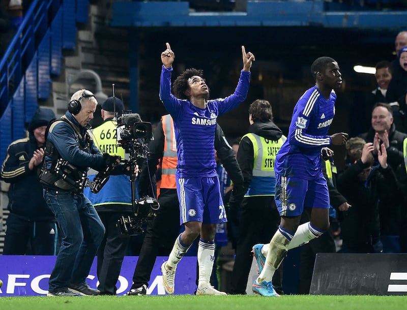 Chelsea's Willian celebrates scoring his side's winning goal during the 1-0 Barclays Premier League victory against Everton at Stamford Bridge, London on Wednesday February 11, 2015.&nbsp;