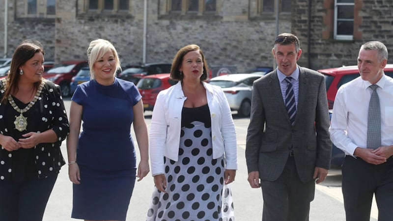 Senator Ian Marshall with Sinn F&eacute;n's  Mary Lou McDonald,  Michelle O'Neill, Deirdre Hargey and party chairperson Declan Kearney at the launch of Sinn F&eacute;in's anti sectarianism policy. Picture by Hugh Russell&nbsp;