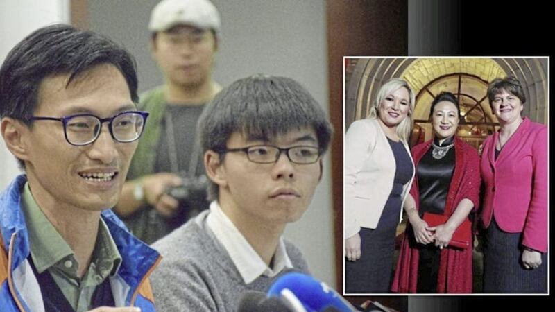 Hong Kong pro-democracy activists Eddie Chu and Joshua Wong, and inset, Arlene Foster and Michelle O&#39;Neill with Belfast&#39;s Chinese Consul General, Madame Zhang Meifang 