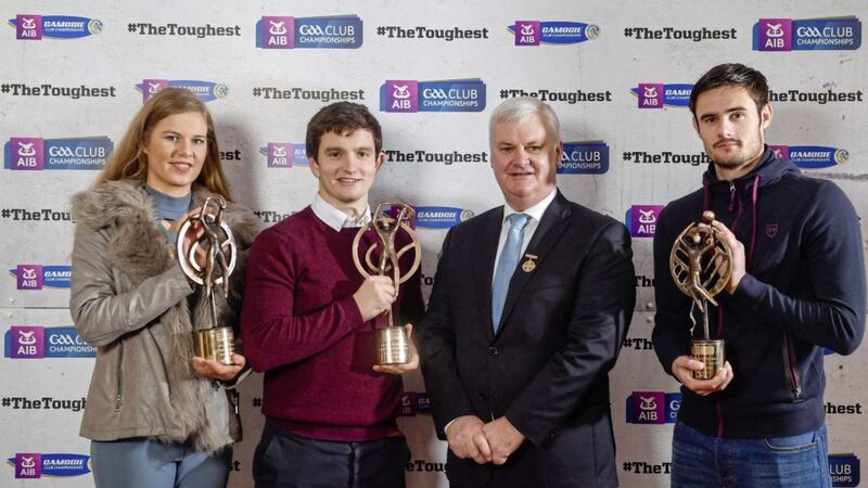 Pictured are Slaughtneil&rsquo;s Chris McKaigue, right, Cormac O&rsquo;Doherty, centre left,  and Aoife N&iacute; Chaiside with their trio of awards alongside Aog&aacute;n &Oacute; Fearghail, President of the GAA