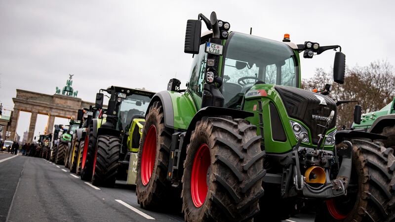 Farmers with tractors take part in a protest rally organized by the German Farmers’ Association in Berlin on Monday (Fabian Sommer/dpa via AP)