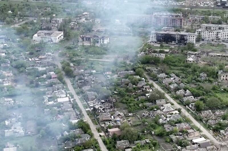 Drone footage shows the village of Ocheretyne, a target for Russian forces in the Donetsk region of eastern Ukraine (Kherson/Green via AP)