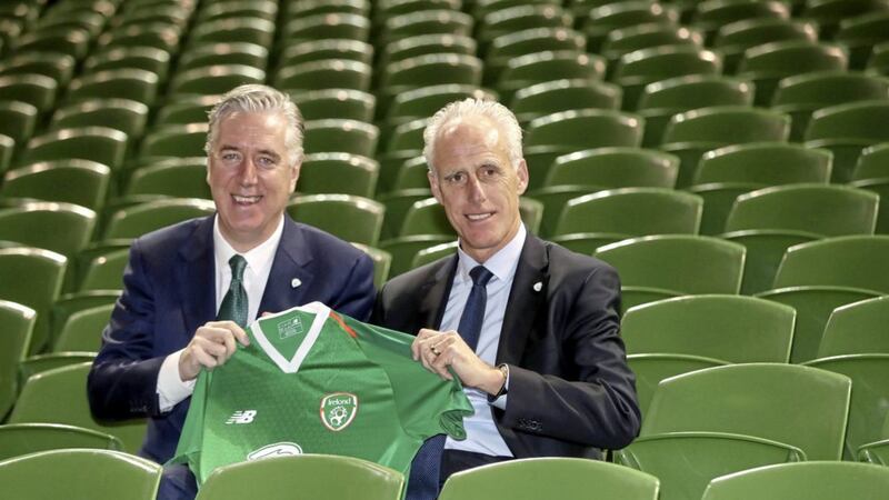 FAI chief executive John Delaney and new Republic of Ireland manager Mick McCarthy following a press conference at the Aviva Stadium, Dublin yesterday Picture by Niall Carson/PA Wire 