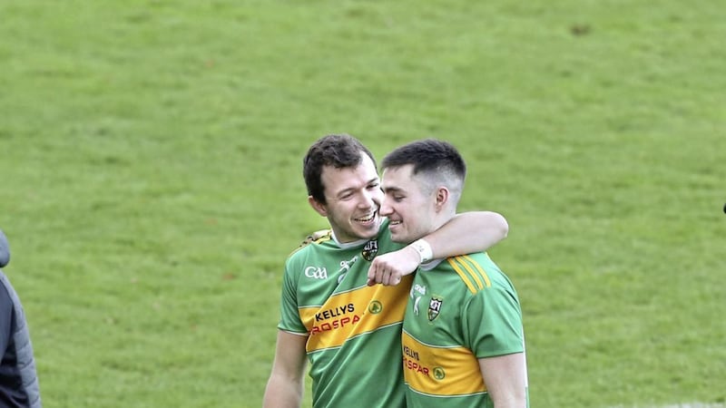Glen pair Michael Warnock and Danny Tallon enjoy the moment as they leave the field at O&#39;Donnell Park after Sunday&#39;s Ulster club preliminary round victory over Donegal champions St Eunan&#39;s. Picture by Margaret McLaughlin 