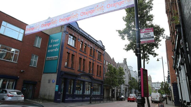 An Orangefest banner attached to the Irish News offices in Donegall Street, Belfast. Picture by Hugh Russell 