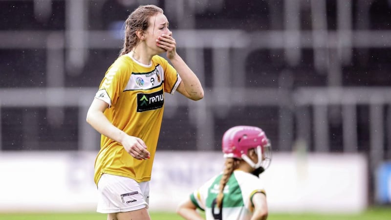 Antrim&#39;s &Aacute;ine Magill reacts at the final whistle following her side&#39;s win over Offaly in Sunday&#39;s All-Ireland Minor Camogie B final replay in Navan Picture: INPHO/Ben Brady 
