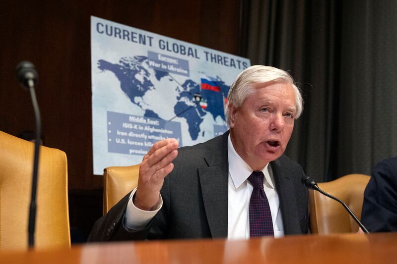Senator Lindsey Graham speaks during a hearing of the Senate Appropriations Committee Subcommittee on Defence on Capitol Hill in Washington (Mark Schiefelbein/AP)