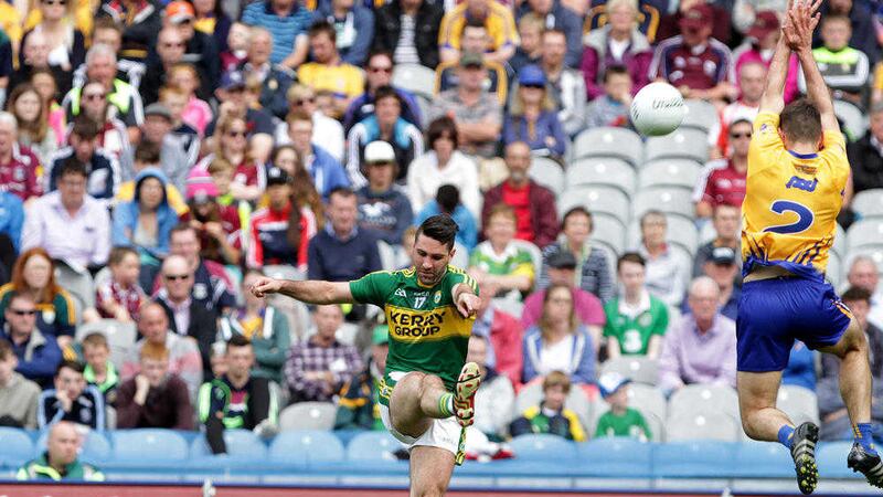 Kerry's Bryan Sheehan takes a shot as Clare's Dean Ryan attempts the block in the All-Ireland Senior Football Championship quarter final at Croke Park last month <br />Picture by Colm O'Reilly