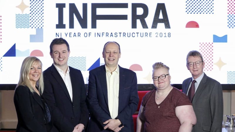 At the launch of &#39;Infra2018: NI Year of Infrastructure&#39; are Suzanne Wylie, CEO of Belfast City Council; Richard Kirk, regional director of the Institution of Civil Engineers; Peter May, Department for Infrastructure permanent secretary; Sister Carol Reid of Omagh Hospital and Jim Kitchen, Visiting Professor at the Ulster University. Picture: William Cherry/Press Eye 