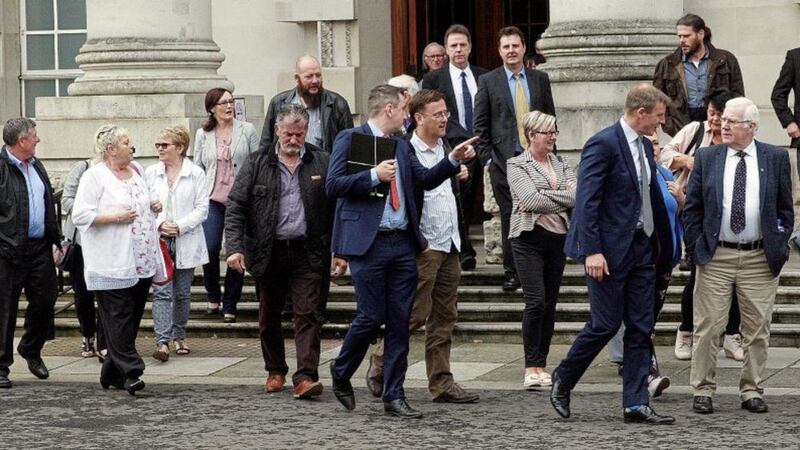 Relatives of those killed by a loyalist gang in the Glenanne area in the 1970s pictured leaving the High Court in Belfast following a landmark ruling. Picture by Bill Smyth. 