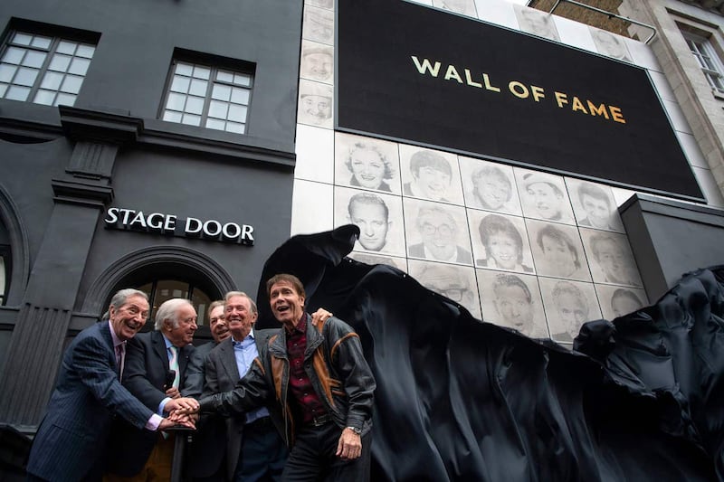 Des O'Connor, Jimmy Tarbuck, Lord Lloyd Webber, Tommy Steele and Sir Cliff Richard at the unveiling of the Wall Of Fame 