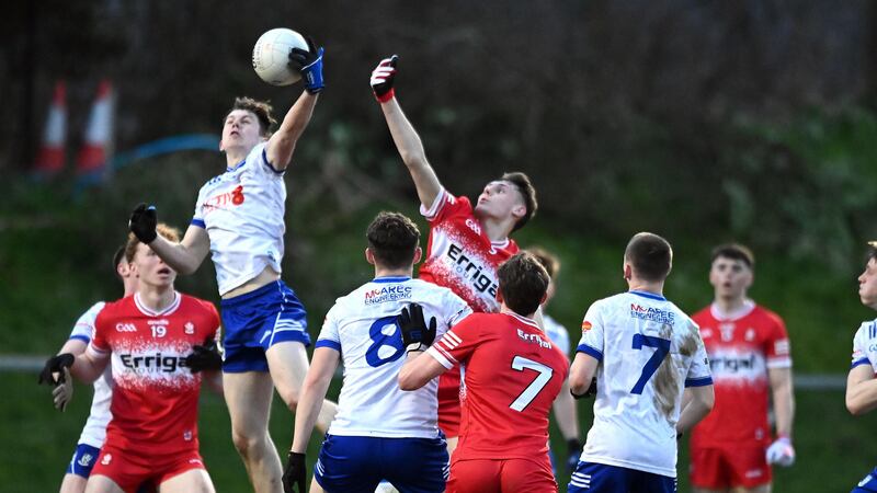 Jake McConnon of Monaghan in action against Ruairi Forbes of Derry in the Ulster U20 Championship game at St Marys Park, Castleblaney Co Monaghan.  Picture by Oliver McVeigh