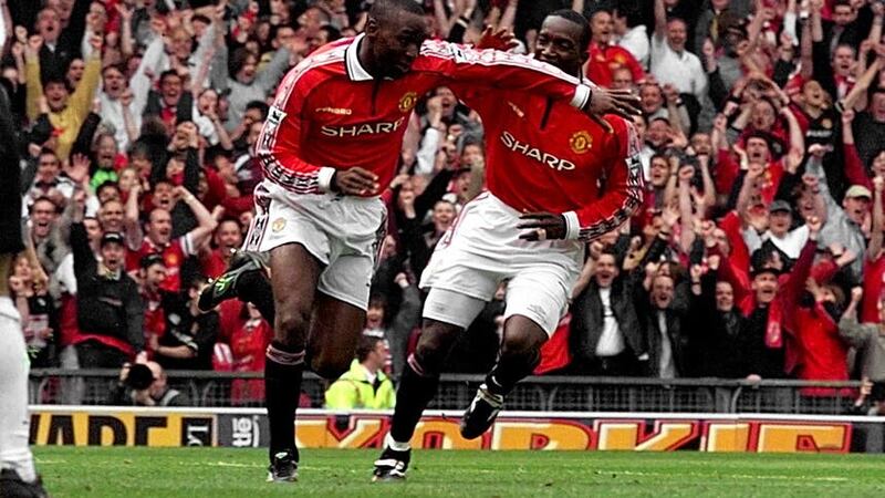 Andy Cole, left, and Dwight Yorke led a host of potent attacking options in United’s treble (Phil Noble/PA)