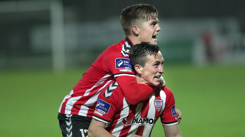 &nbsp;Derry City's Aaron McEneff celebrates his goal with Joshua Daniels against Sligo Rovers at the Brandywell on Friday night. Picture by Margaret McLaughlin&nbsp;