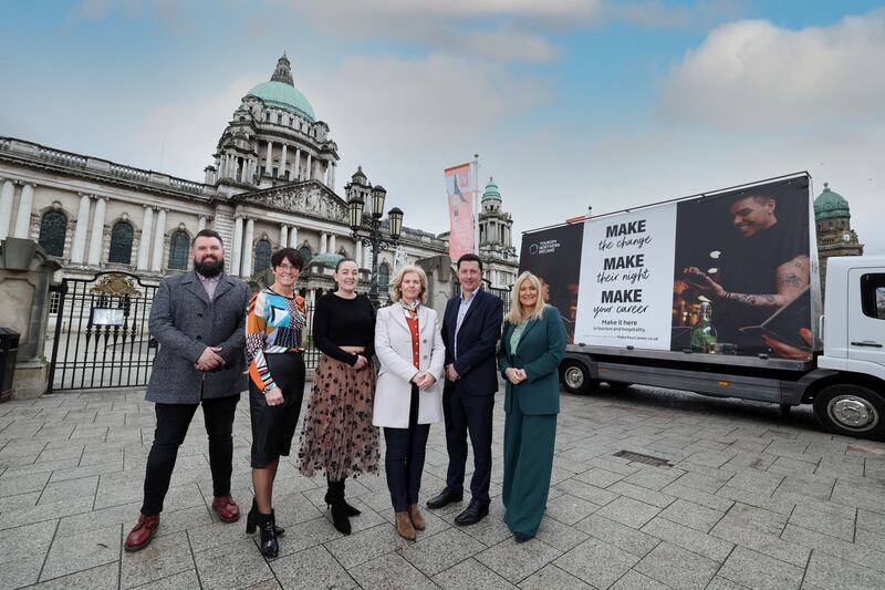 Pictured launching the Make it Happen campaign in Belfast are (L-R): Joel Neill, Hospitality Ulster; Caitriona Lennox, Springboard; Vicky Green, NI Hotels Federation; Roisin McKee, HATS network; David Roberts, Tourism NI; and Judith Owens, NI Tourism Alliance.