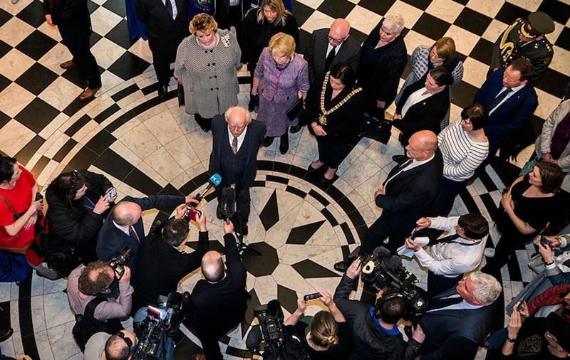 President Michael D Higgins speaks to media after signing the book of condolence at Belfast City Hall in remembrance of murdered journalist Lyra McKee&nbsp;