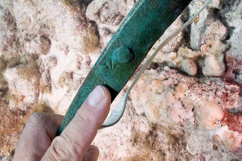 A diver identifies a ‘broad arrow’ marking on a copper barrel band (Brett Seymour/National Park Service via AP)
