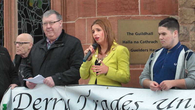 The march and Rally in support of refugees that took place in Derry on Saturday afternoon. Mayor Elisha McCallion speaking. Picture Margaret McLaughlin 