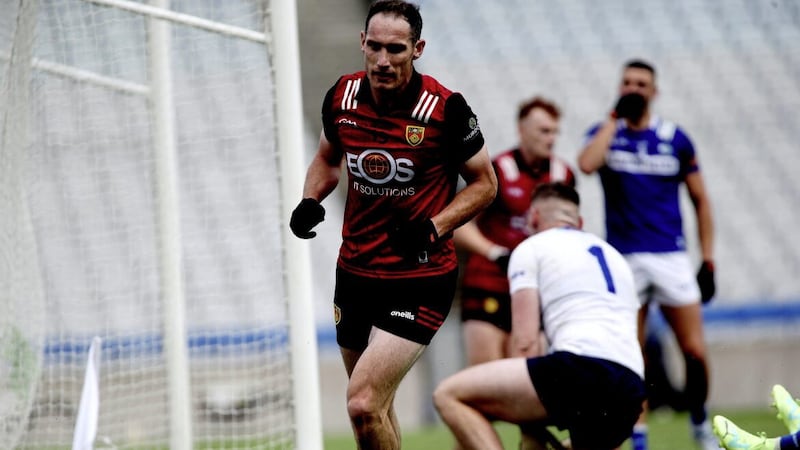 Down&#39;s Rory Mason scores the seventh of eight goals against Laois in the Tailteann Cup semi-final at Croke Park. Picture Seamus Loughran 