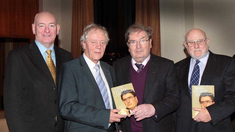 John Hume at the launch of a new book dedicated to his work with authors Sean Farren and Denis Haughey and also former SDLP leader Mark Durkan MP. 