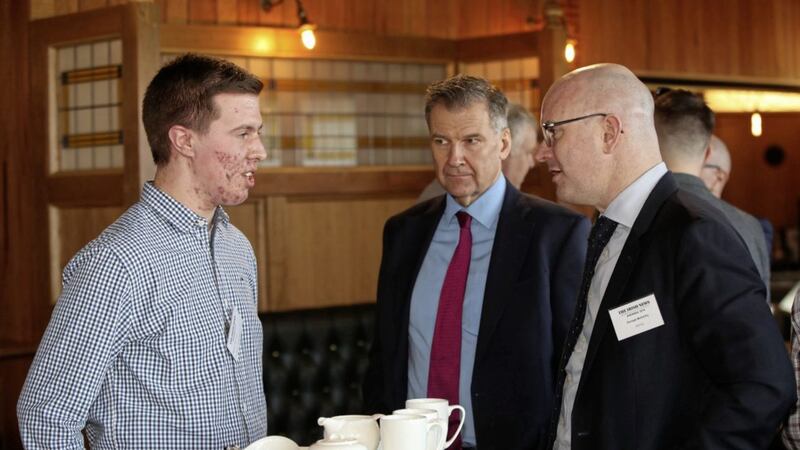 Aaron Patton (left) from Calibro Workspace chats to Irish New editor Noel Doran and FinTrU founder Darragh McCarthy at the launch of the Irish News Workplace &amp; Employment Awards. Photos: Declan Roughan 